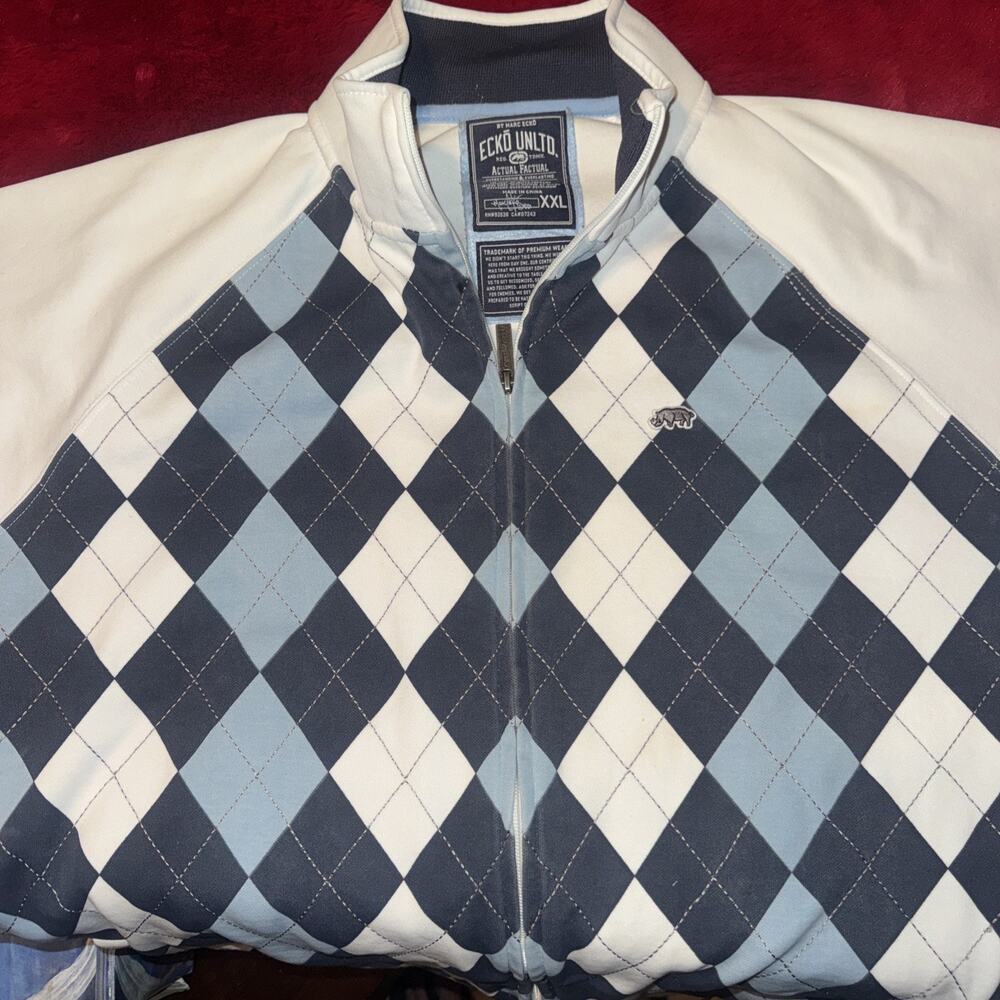 Vintage ECKO Unltd Embroidered Argyle Pattern Zip Jacket XXL VTG Hip Hop Y2K
